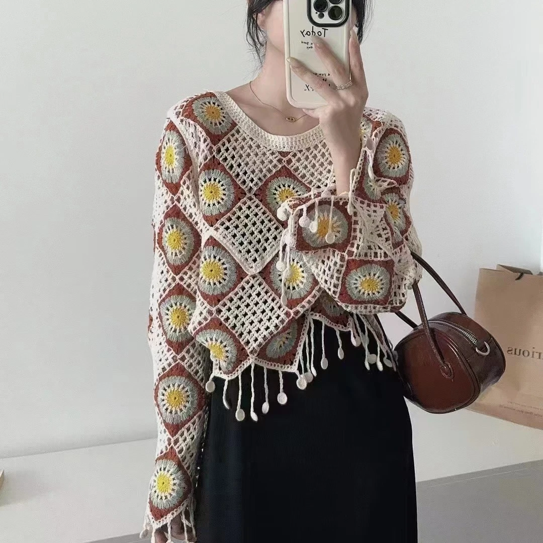 Women Granny Square Crochet Top Fringed Long Sleeve Openwork Knit Pullover Sweater Boho Beach Cover Up Boho Spring Summer 2026