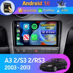 Android 16 Carplay Auto For Audi A3 2 8P 2003 - 2013 S3 2 2006 - 2012 RS3 2011 2012 Car Radio GPS Player Multimedia 360 Camera