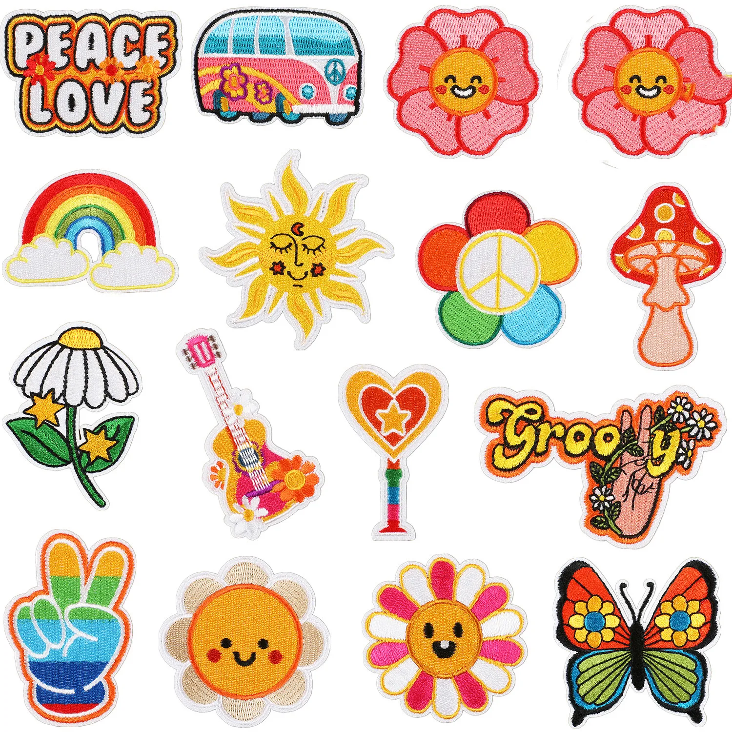 1 pc Iron On Peace Love Sunflower Butterfly Groovy Hand Heart Rainbow Stickers DIY Clothing Patches Sewing Jeans Jackets Badge