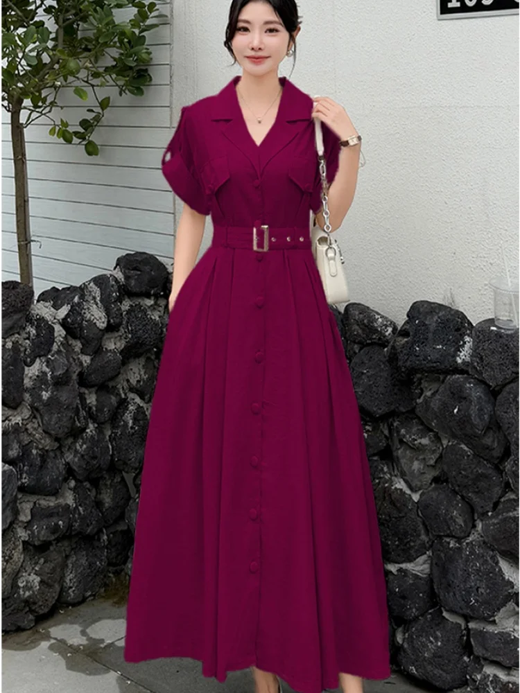 فستان SMTHMA الفرنسي الكوري الأنيق للنساء لصيف جديد 2025 فساتين طويلة أنيقة بمزاج الخصر النحيف السخية مع حزام