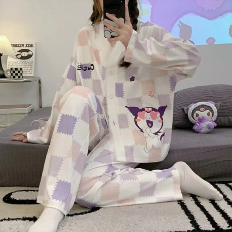 

Sanrio Kuromi Cinnamoroll Pochacco Cartoon Anime Cardigan Home Wear Thin Long Sleeved Pants Couple Set Can Be Worn As Sleepwear