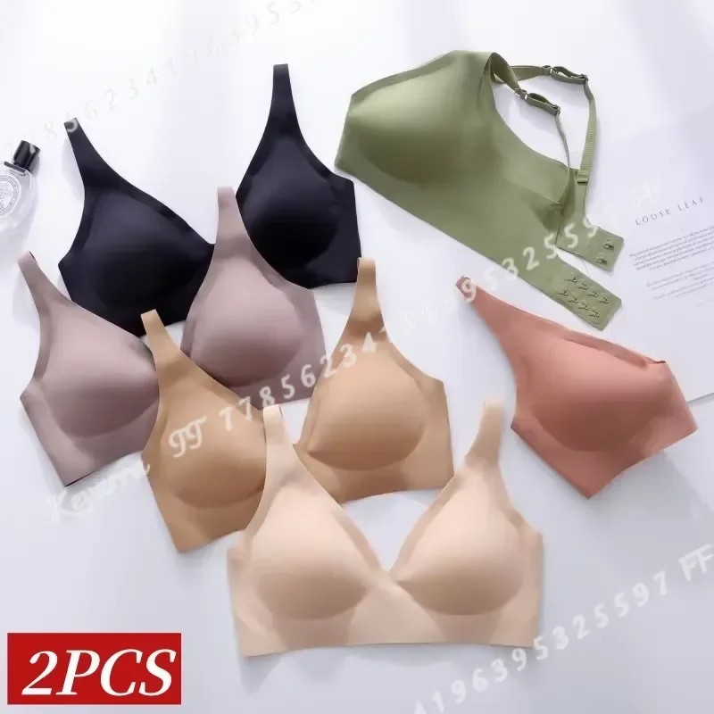 2Pcs Set Seamless Bras For Women Wireless Push Up Bralette Soft Padded Deep V Sexy Lingerie Sleepwear Intimates S-3XL