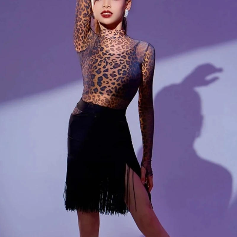 ชุดฝึกซ้อมเต้นลาตินสำหรับเด็กผู้หญิง ลายเสือดาว แขนยาว 3 ชิ้น ชุดแสดงบนเวทีบอลรูม