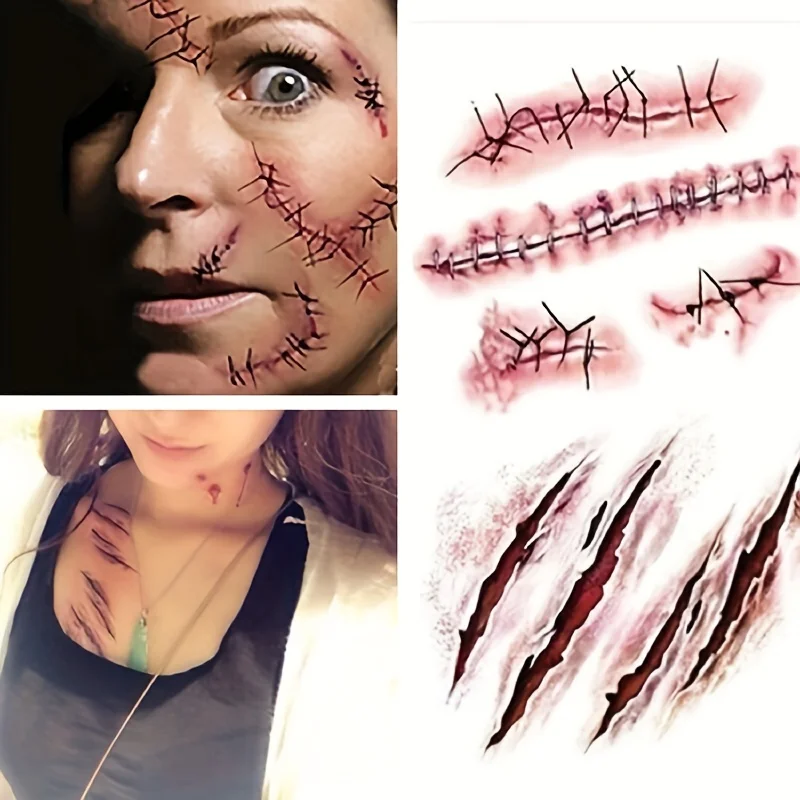 5/10 Stück 3D Fake Narben-Tattoo-Aufkleber Halloween Krusten Blutiges Make-up Körper Gesicht Realistische Wunde Gruseliger Aufkleber Scherzartikel Party-Deko – Detail 4