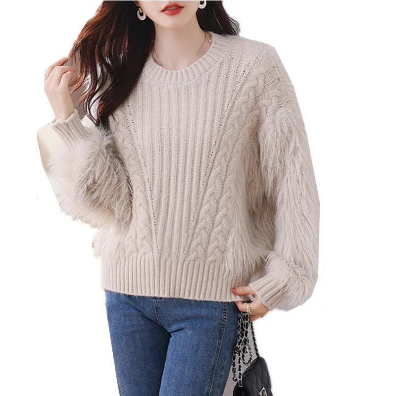 

New Fashion Mink Velvet Sweater Women Autumn Winter O-Neck Pullover Knitted Long-Sleeve Tops Female Loose Jumper Knitwear B408