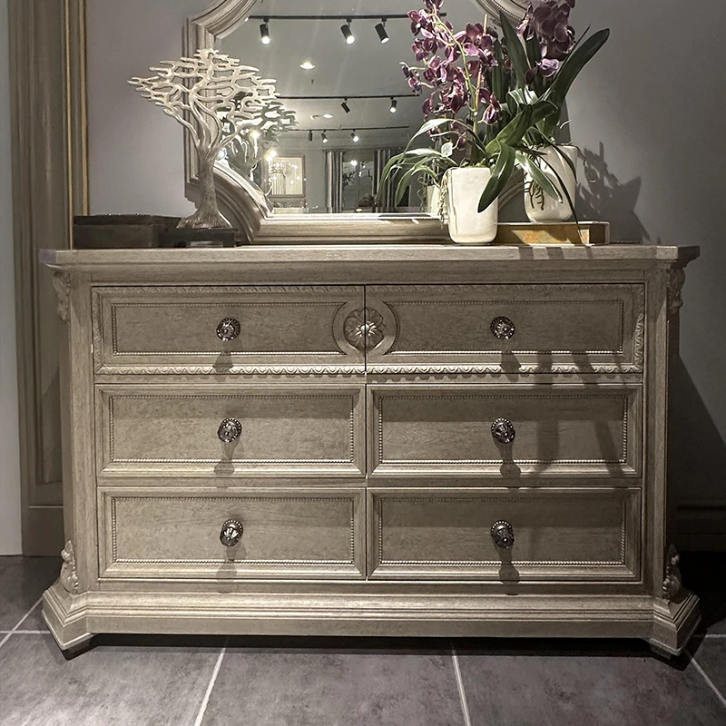 

French Vintage RH Style Dresser Hand Carved European Distressed Cabinet for Bedroom Furniture