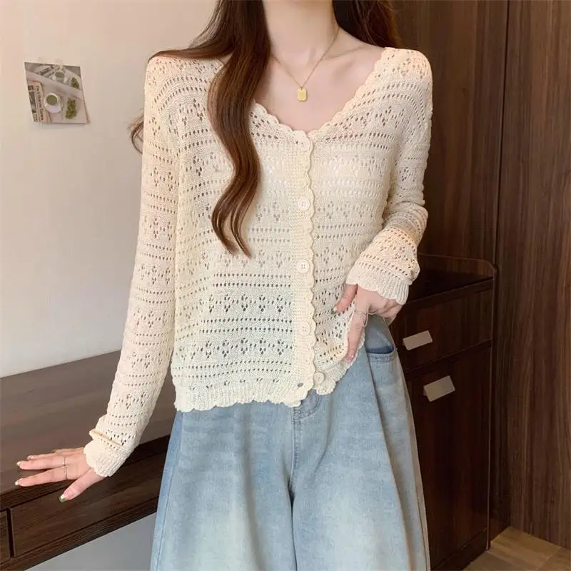 

Summer Hollow Out Cardigan Women V-neck Stylish Sun-proof Sweet Knitwear Casual Femme Solid All-match Long Sleeve Cozy Holiday