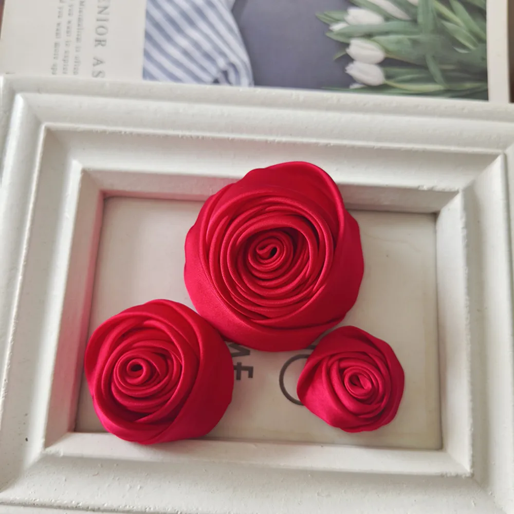 10Pcs 6.5CM/4.5CM/3CM Satin Rose Fabric Artificial Flower For DIY Headwear Accessories Wedding Dress Clothing Decoration