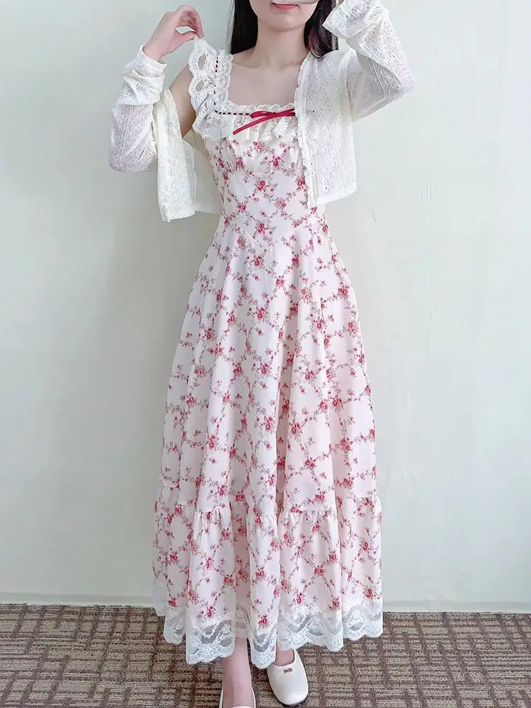 

Sling Dress France Warm Lace Print Women Design Sweet Elegant Bow Slim Cosplay Dresses Female Vintage Patchwork Clothes 2026