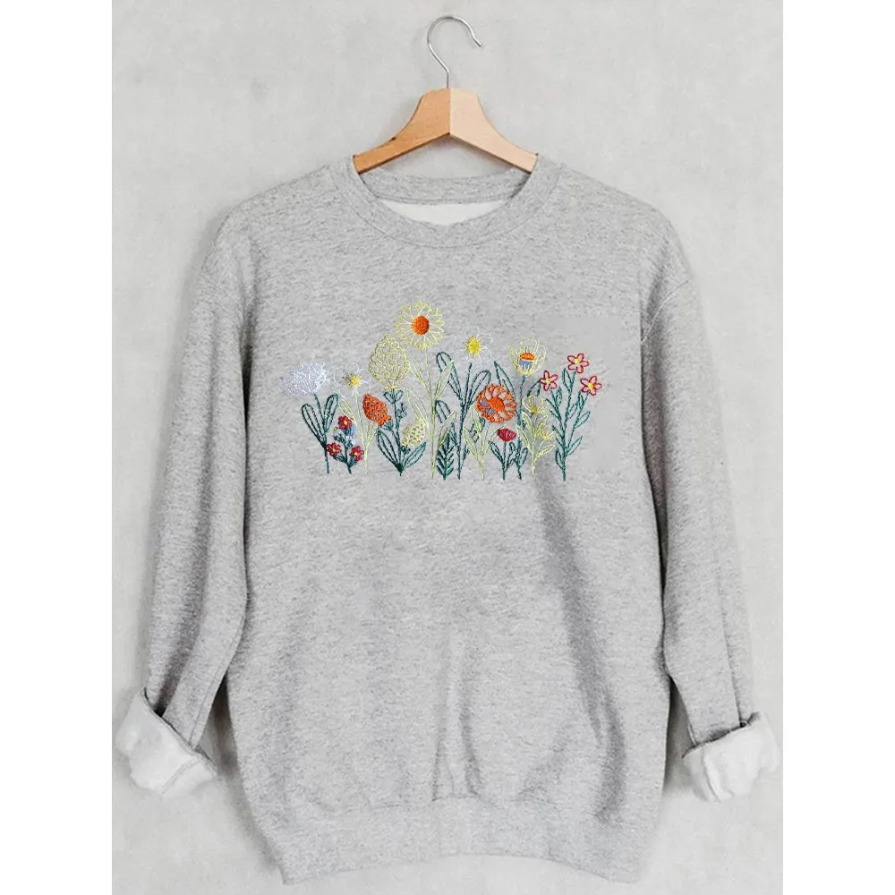 Rheaclots Women's Wildflowers Embroidered Cotton Female Cute Long Sleeves Sweatshirt