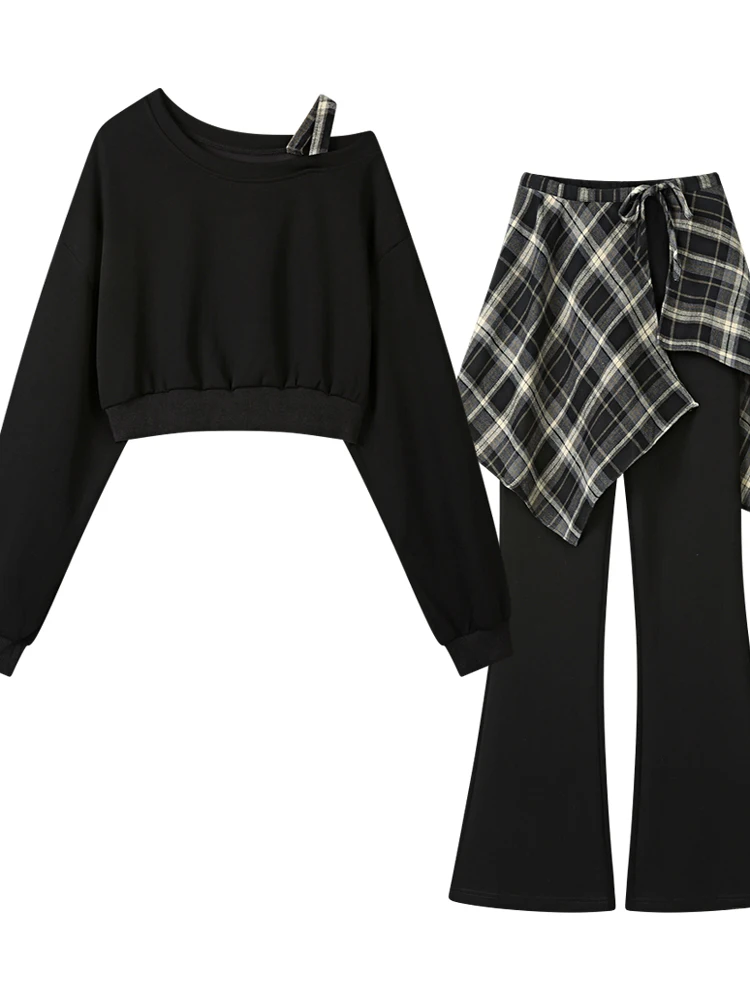 

plus Size Women's Faionable Casual Outfit ort Sweatirt Micro Flared Pants Tee Piece Set Spring Season Regular Fit