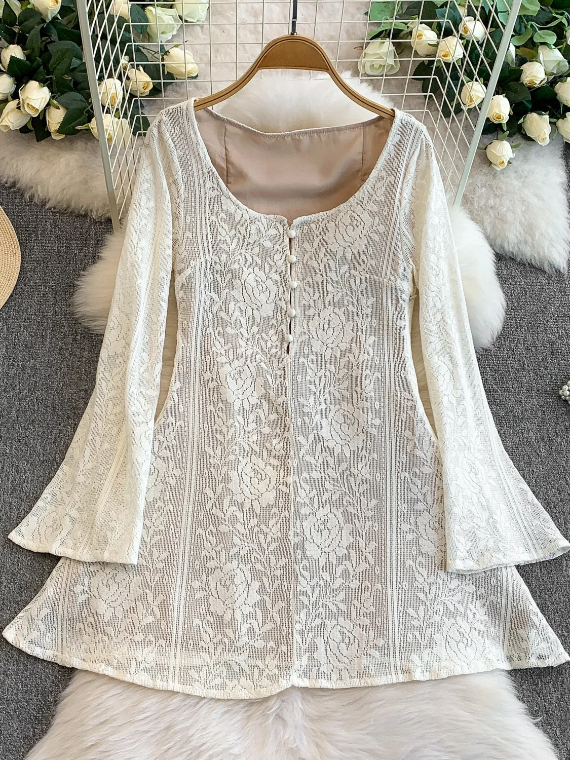 Ele Lace Splice Slim Fit Dr mit Glocke Sves Low Cut rund Ne Hollow Out Design für Frauen Autumn Faion ort Dr