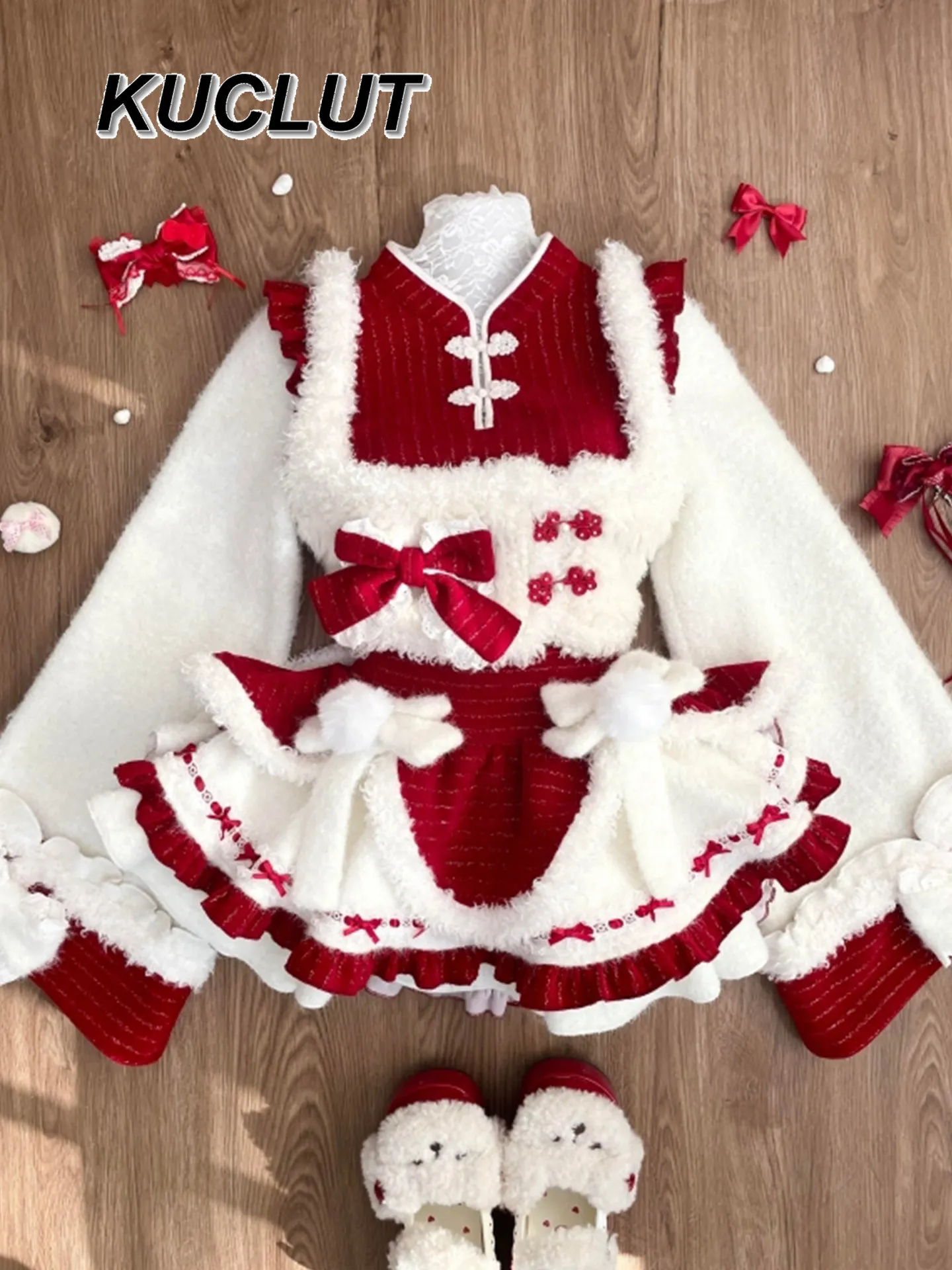 

Sweet and Cute Girl Plush Irregular Top Vest with Cake Casual Skirt Three-Piece Set Fashion Winter Elegant Outfit Set