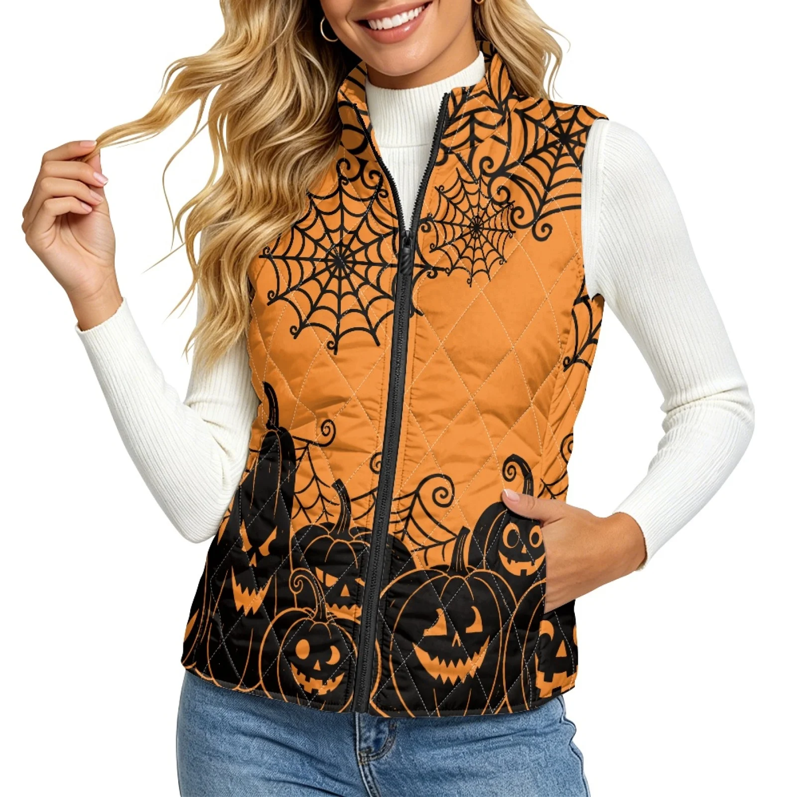 PENSTROLL Pumpkin Cobweb Womens Quilted Vest Jacket Thin Padded Gilet Women Warm Womens Quilted Sleeveless Vest for Winter Fall