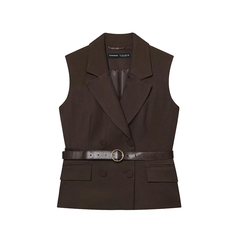 

Women's Waistcoat Autumn Fashion with Belt Turn-down Collar Sleeveless Vests Female Outerwear Chic Tops