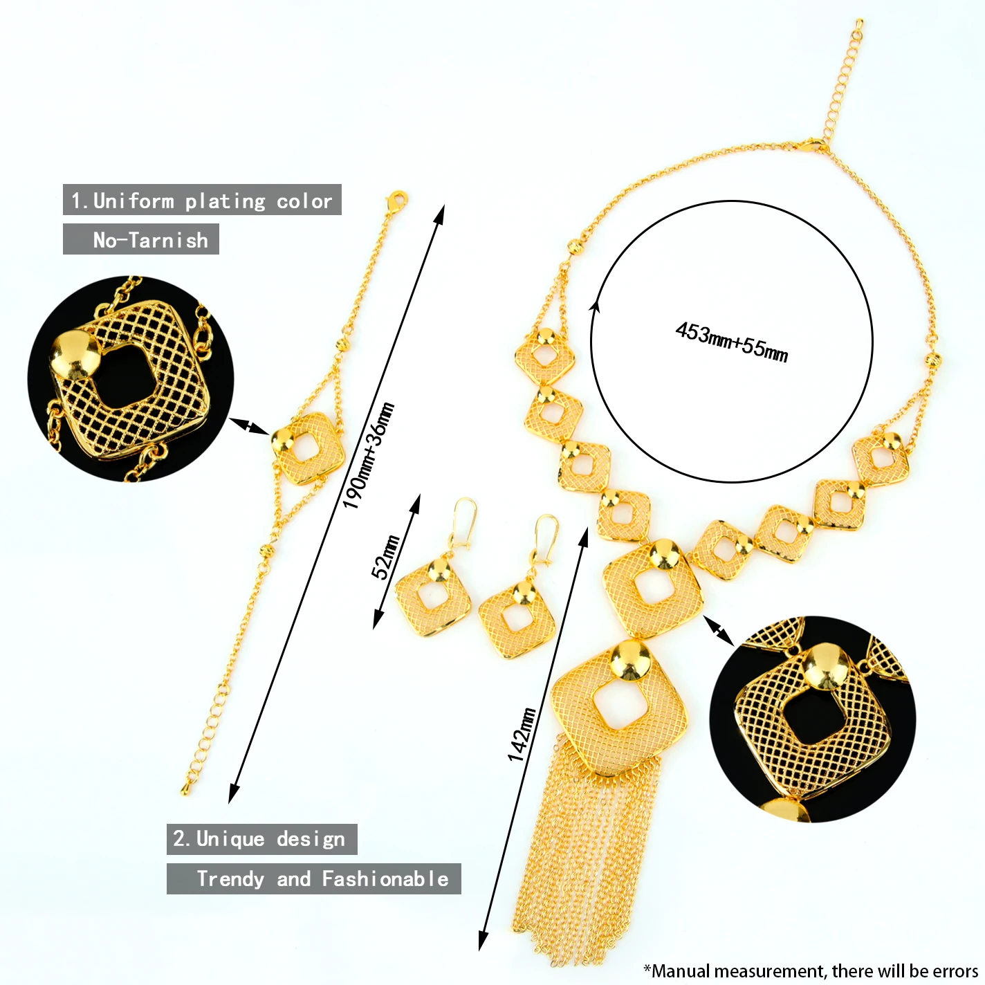 Äthiopisches Brautschmuck-Set 24k Vergoldet Algerische Quasten-Halskette Armband Ohrringe Arabischer Vintage Abaya-Schmuck – Detail 2