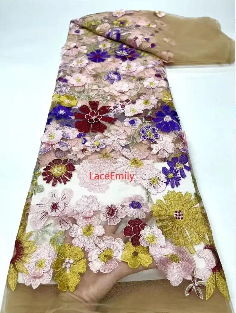 High quality 9 Colors 3d pink flower embroidery Lace Fabric colorful floral Tulle For Girl Dress Tutu Dress Wedding Dress