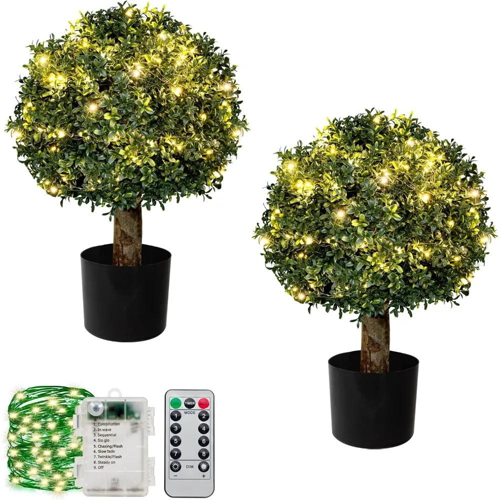 

2FT Artificial Boxwood Topiary Ball, Fake UV-Resistant Outdoor Plants,Set of 2 Artificial Boxwood Ball Tree with String Lights