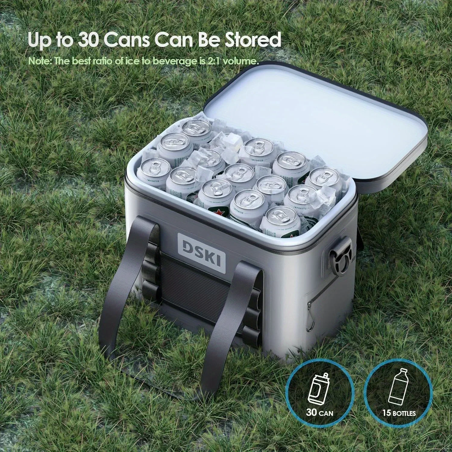 

Foldable, leak proof, used as a beach soft surface cooler, soft ice pack, camping, fishing, multi person lunch bag