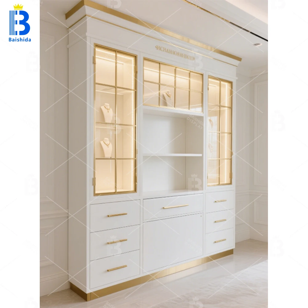 Custom.Modern American Design Jewelry Showcase LED Exhibition Display Rack Shop Abroad Jewelry Display Cabinet