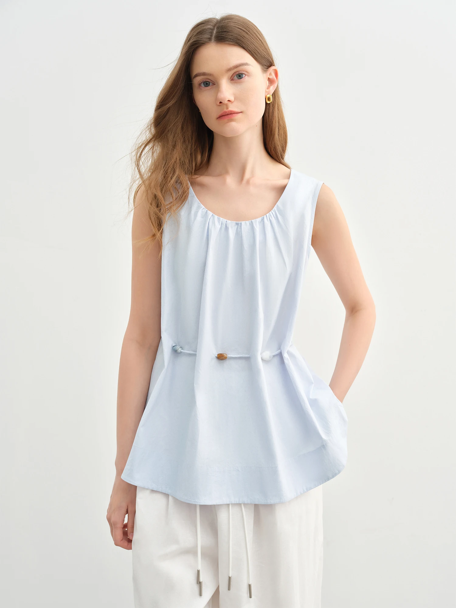 DUSHU Women's Holiday Wave Beaded Sleeveless Blue Shirt Pure Cotton Breathable Shirt Temperament Women's Top 25DS82727