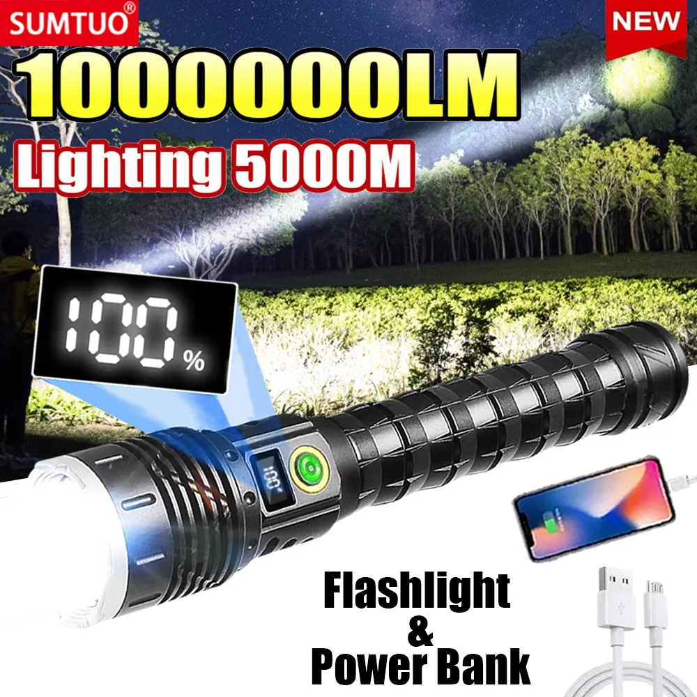 1000000LM Most Powerful Led Flashlight Rechargeable 800W LED Flashlights High Power Zoom Torch Long Range 5000m Tactical Lantren