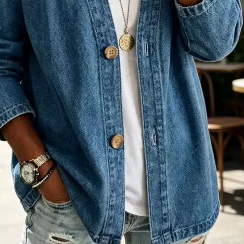 

Solid Color Women Jacket, Flexible Fit Women Outerwear V Neck Long Sleeve Coat, Vintage Loose Fit Imitation Jeans Cardigan
