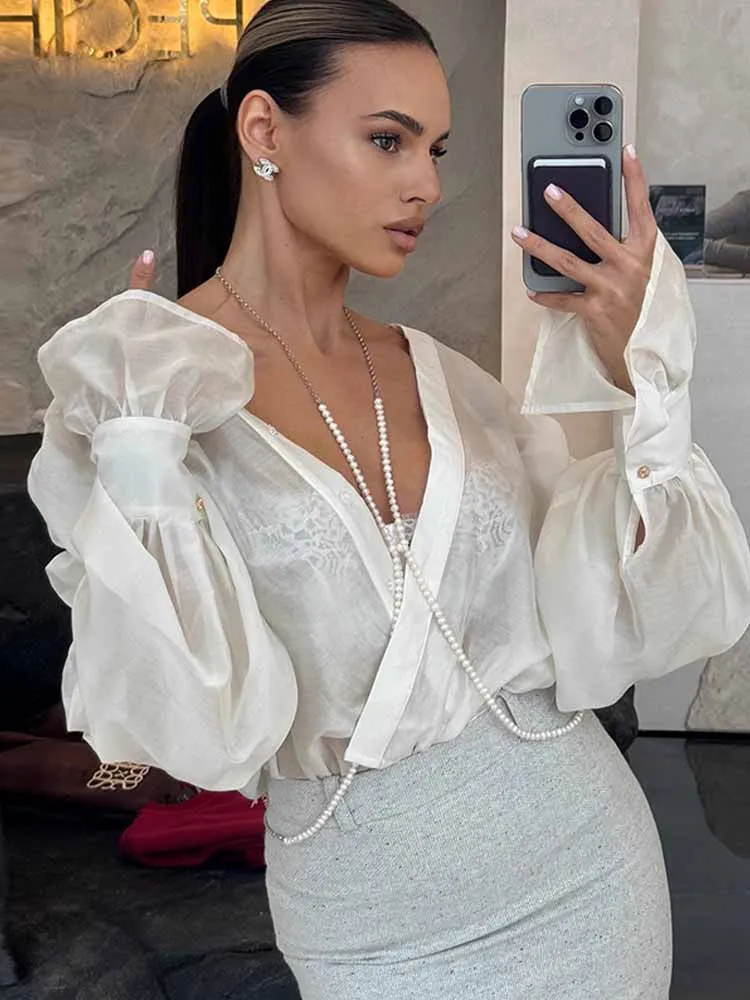

BKQU Solid Elegant See-Through Blouse Women 2025 Spring Long Sleeve Lapel Single Breasted Casual Loose Shirts Female Street Tops
