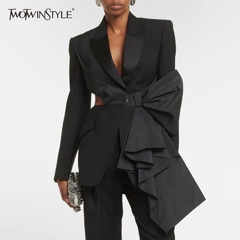 Twotwinstyle patchwork bowknot שיק עבור נשים מחורקים צווארון שרוול ארוך חלול החוצה blazers רזה נשים