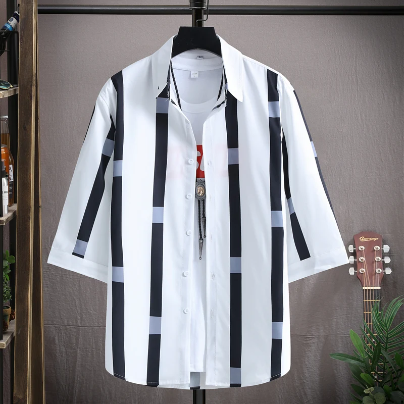 

Summer New Ice Silk Thin ort Sve irt Men Loose High ade Drape Casual Five f Sve irt Faionable Stand Fit