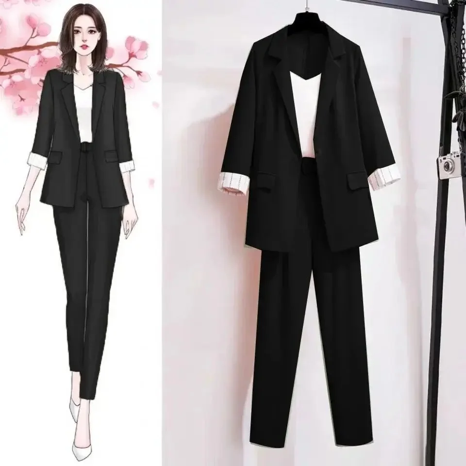 Women's Spring Summer Thin Blazers Pants Sling 3 Piece Suits Office Lady Graceful Patchwork Stripe Coat Trousres Outfits