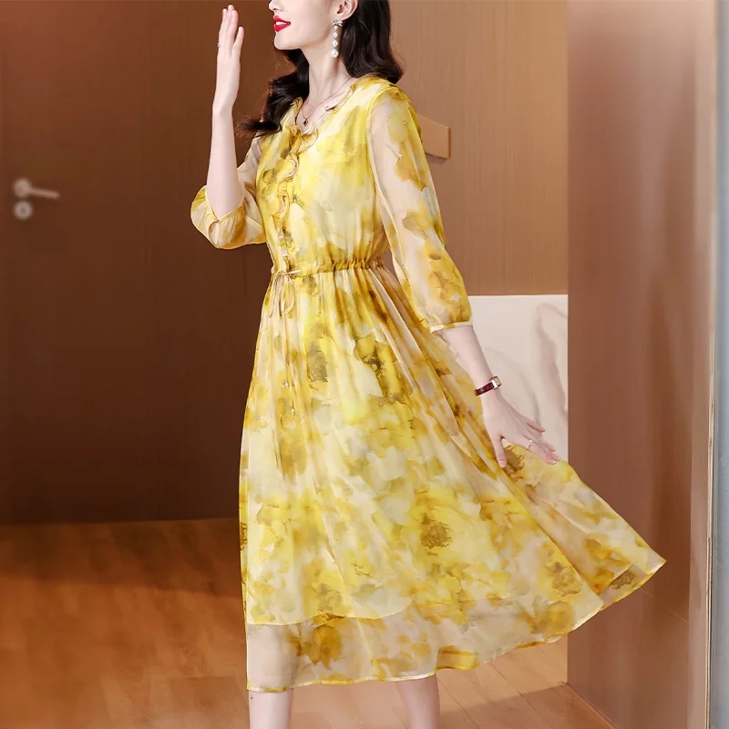 2024 Summer Korean Vacation Fashion Elegant Midi Dress New Luxury Dance Party Dress Women Boho Beach Floral Silk Casual Vestidos