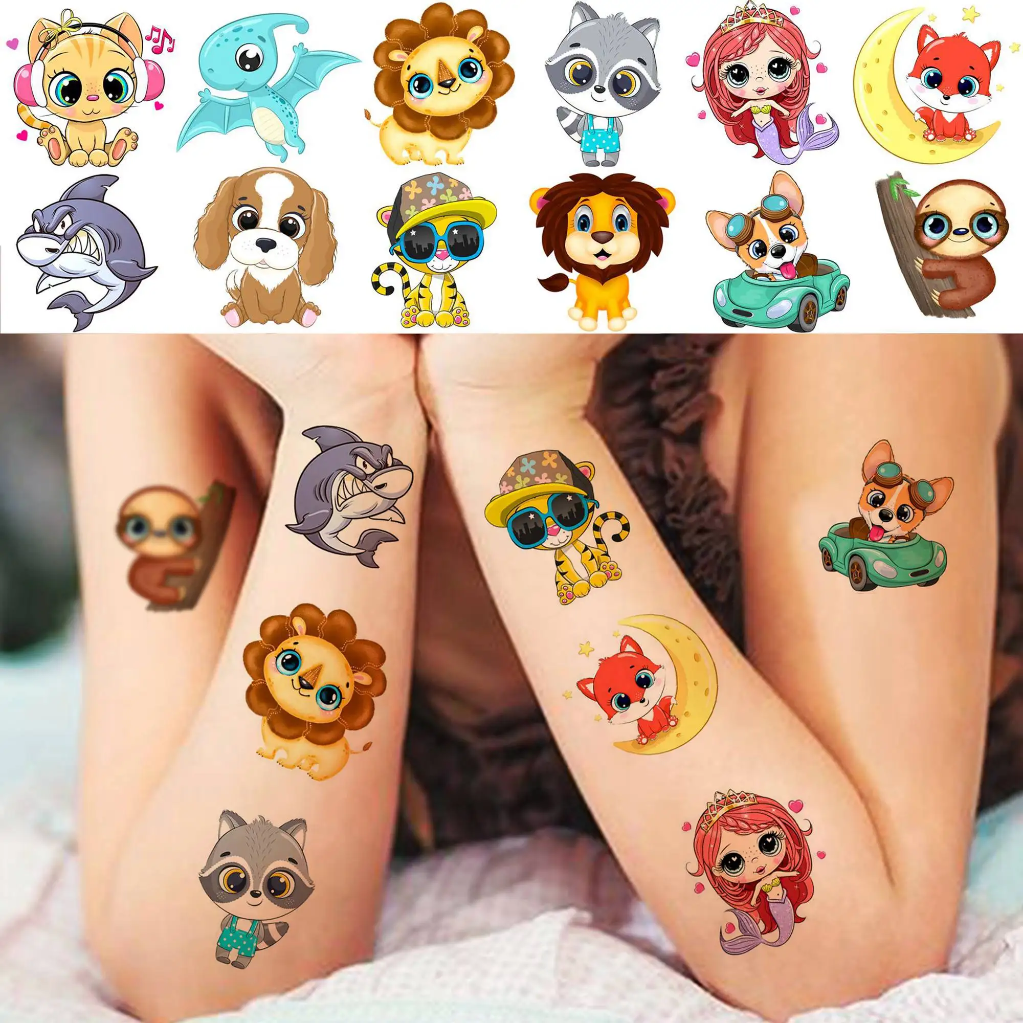 50 PCS 3D Cute Animals Temporary Tattoos For Men Women, Cartoon Animals Lion Dog Cat ZOO Fake Tattoo Sticker Kids Birthday Gifts