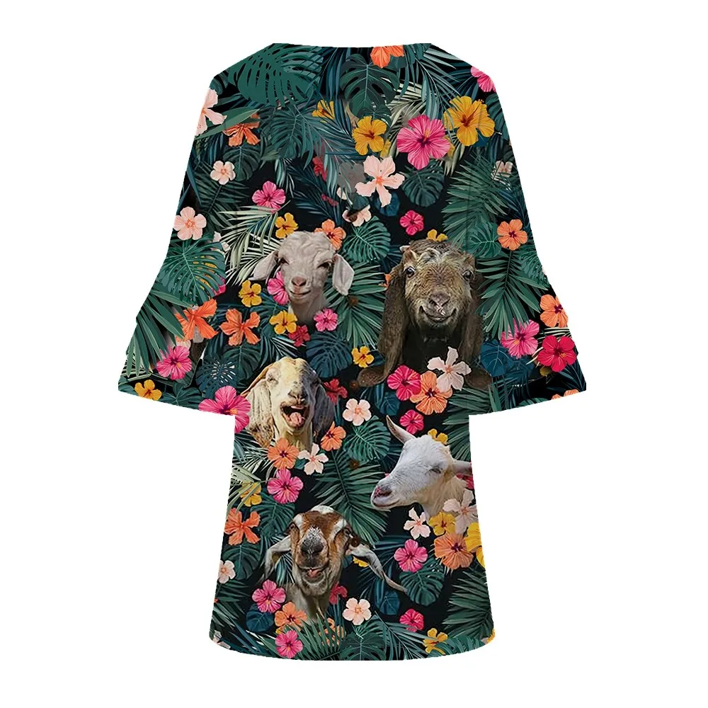 Jumeast Animal Goat 3D Printed Women Casual Flared Sleeve V-Neck Dress Hibiscus Flowers Elegant Brahman Skirt Tropical Clothing