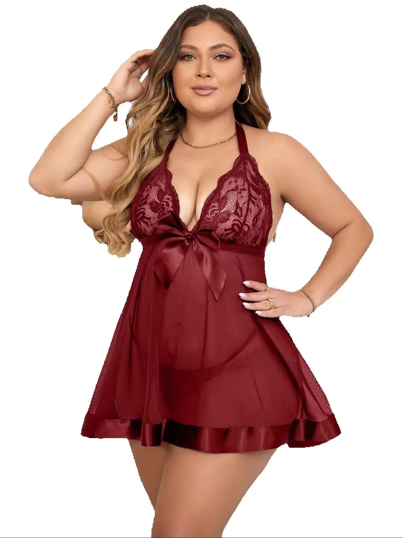 Women Plus Size Burgundy Mesh Nightdress Halter Backless Lace Babydoll With Bow Lingerie