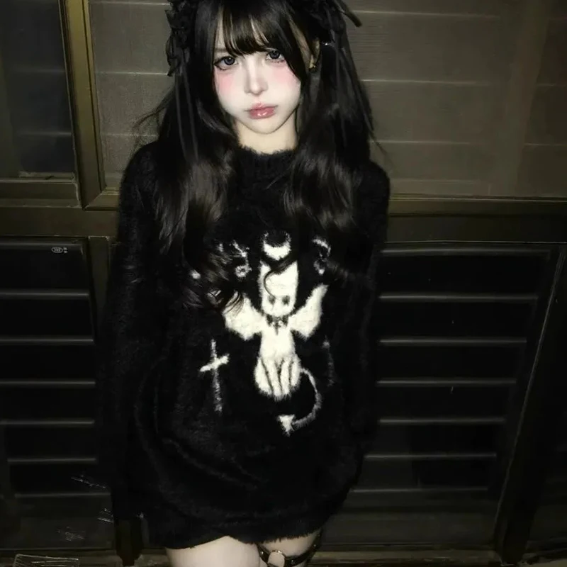 Women American Anime Knitted Sweater Faux Mink Fleece Long Sleeve Black Pullover Gothic Fluffy Sweet Warm Harajuku Y2K Top