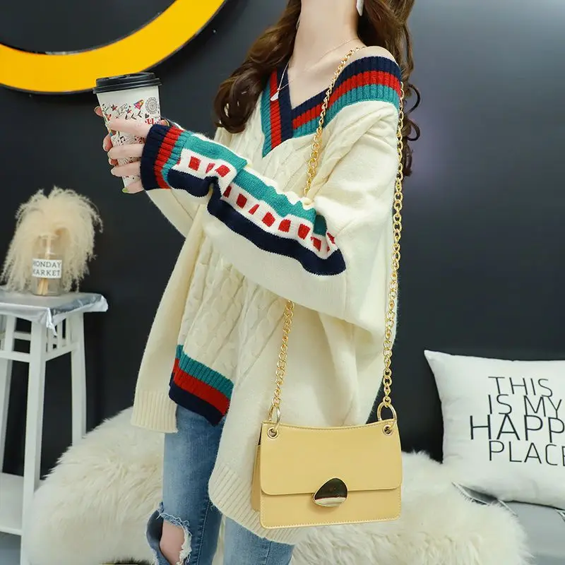 Fashion V-Neck Spliced Loose Asymmetrical Sweaters Female Clothing 2023 Autumn Winter Oversized Casual Pullovers Korean Tops