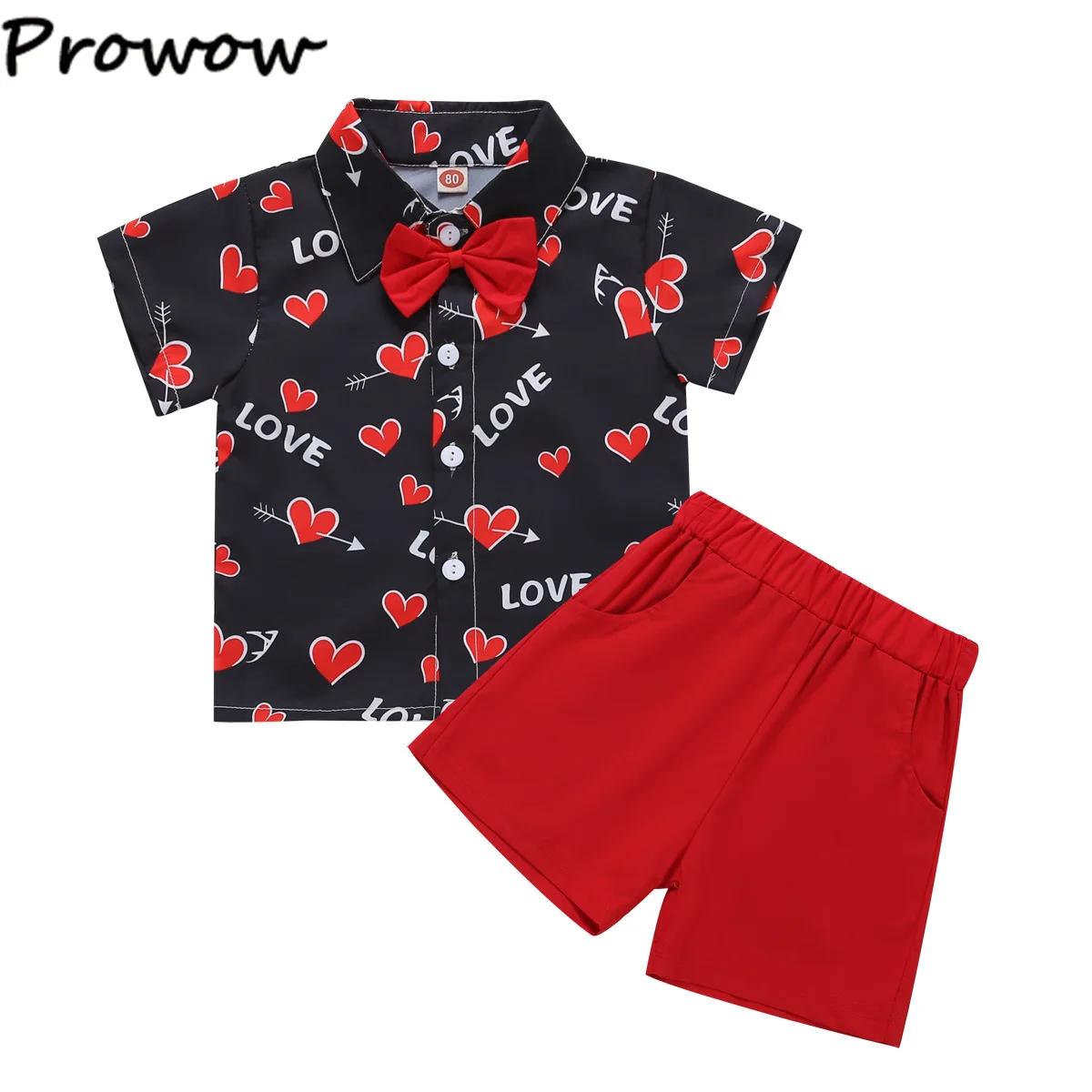 Prowow Boys Valentines Outfits For Kids Baby Short Sleeve Heart Print Necktie Shirts+Red Shorts Toddler Valenties Day Clothes