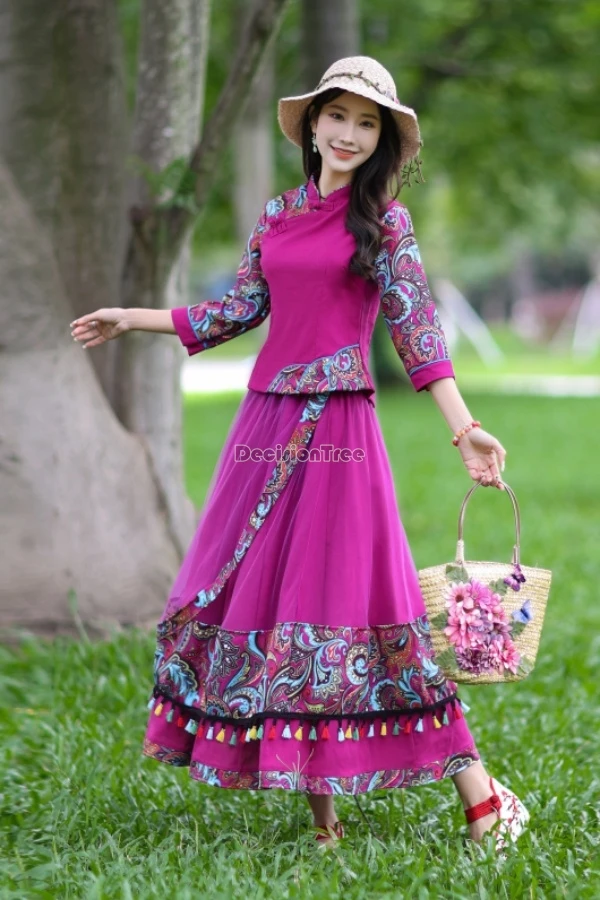 

2025 improved chinese national style women retro tang suit tea suits cotton and linen cross collar cheongsam top long skirt sets