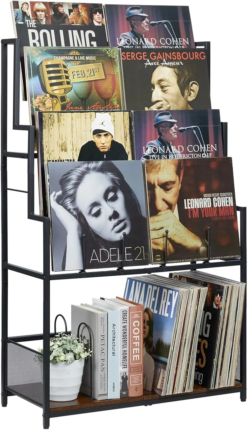 

5-Tier Metal Record Storage Rack for LP, CD, DVD, Books - Holds 250-320 Albums with Display Shelf