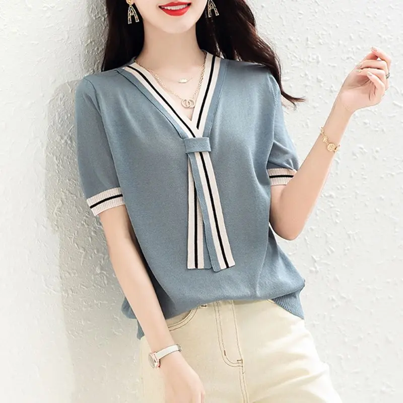 Women Summer Korean New V-neck Ice Silk Pullover Fashion Navy Style Color Block T-shirt Soft Casual Versatile Short Sleeve Tops