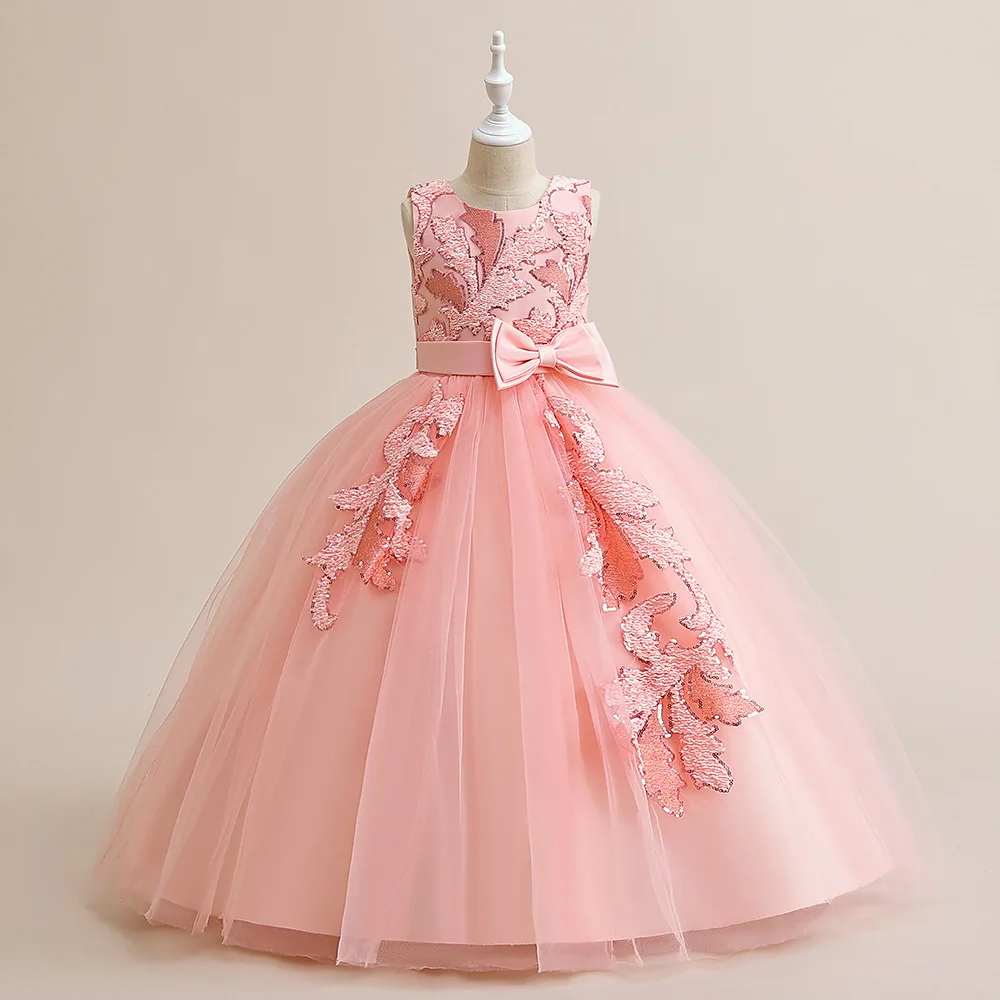 

Young Girls Sleeveless Sequins Floral Tulle Princess Dress For Teens Wedding Birthday Pageant Ceremony Party Banquet Long Gown
