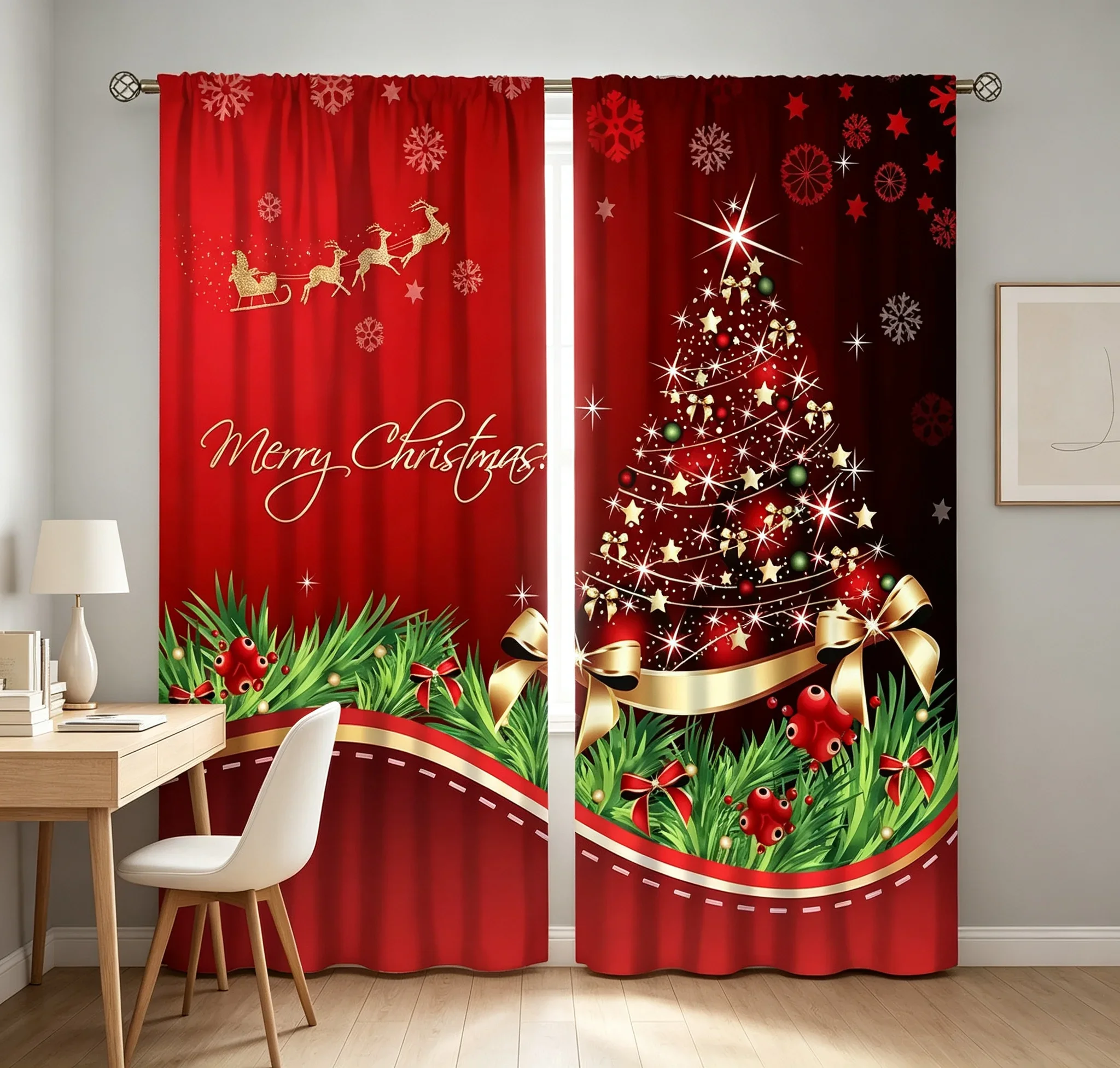 2PCS Digital Print Curtains, Merry Christmas Golden Reindeer Sleigh Xmas Tree Red, Festive Holiday for Living Room Bedroom