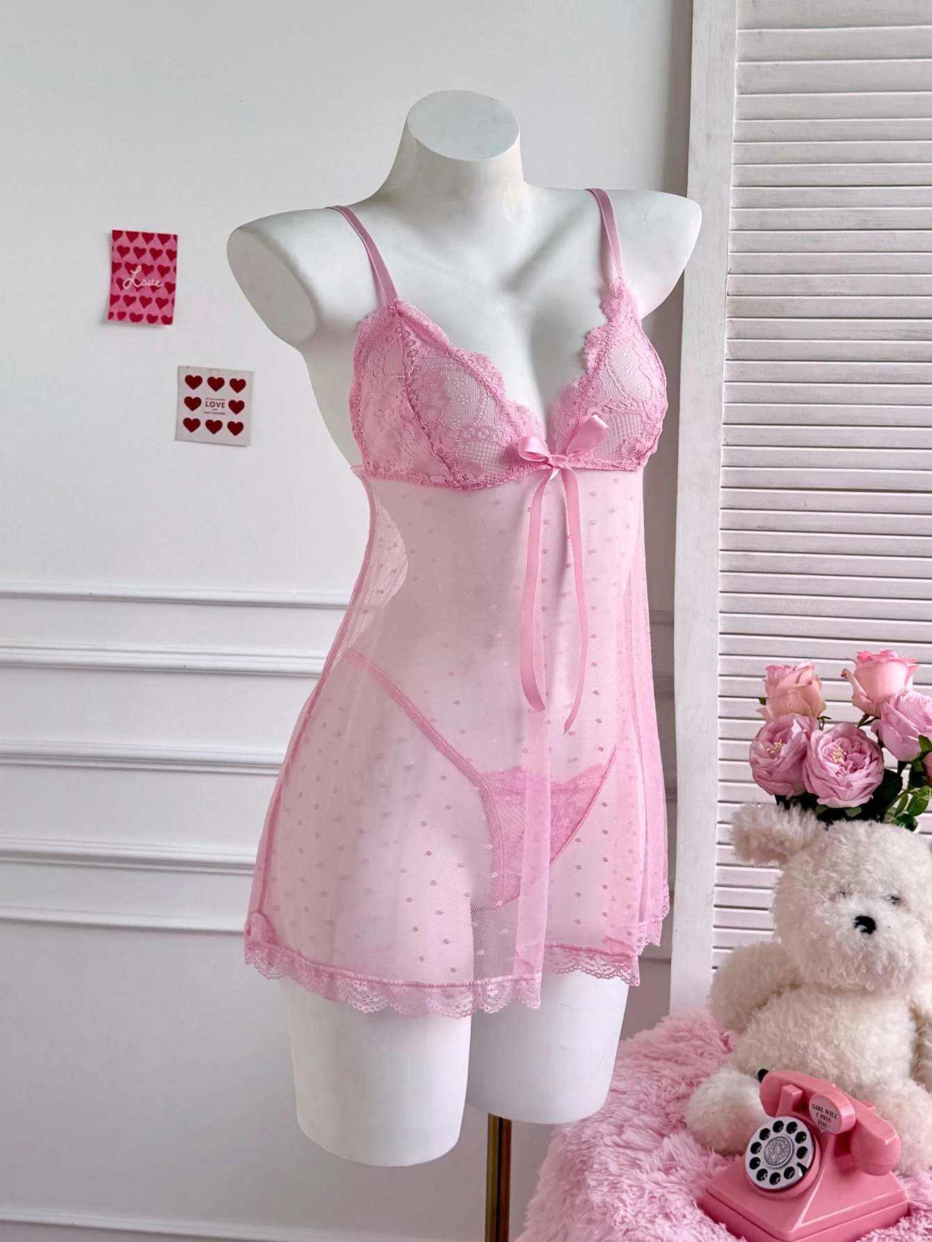 Sexy Lingerie Set Sheer Polka Dot Mesh Babydoll Gown See Through Lace Chemise With Thong Erotic Transparent Nightie