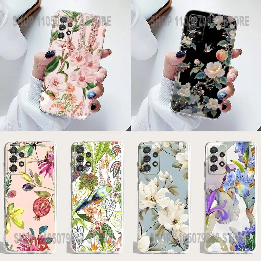 

Elegant Floral Bird Botanical Phone Case Silicone For Samsung S30,23,21,22,20 FE lite,S10,9,PIus Note20ultra Soft Transparent