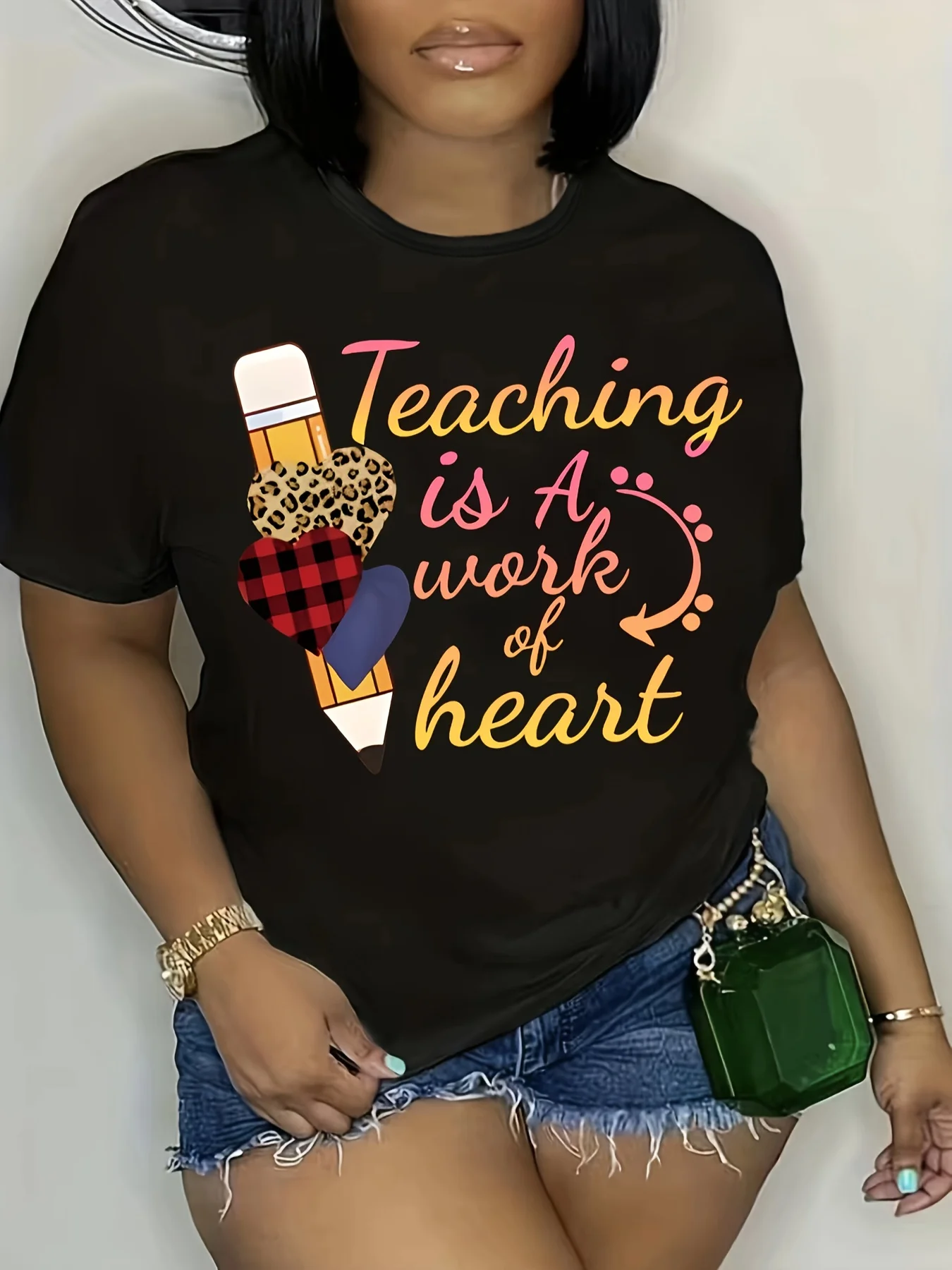 Teaching Letter Print T-Shirt - Stylish Crew Neck  Geometric Pattern Machine Washable - Perfect  Casual Spring/Summer Fashion