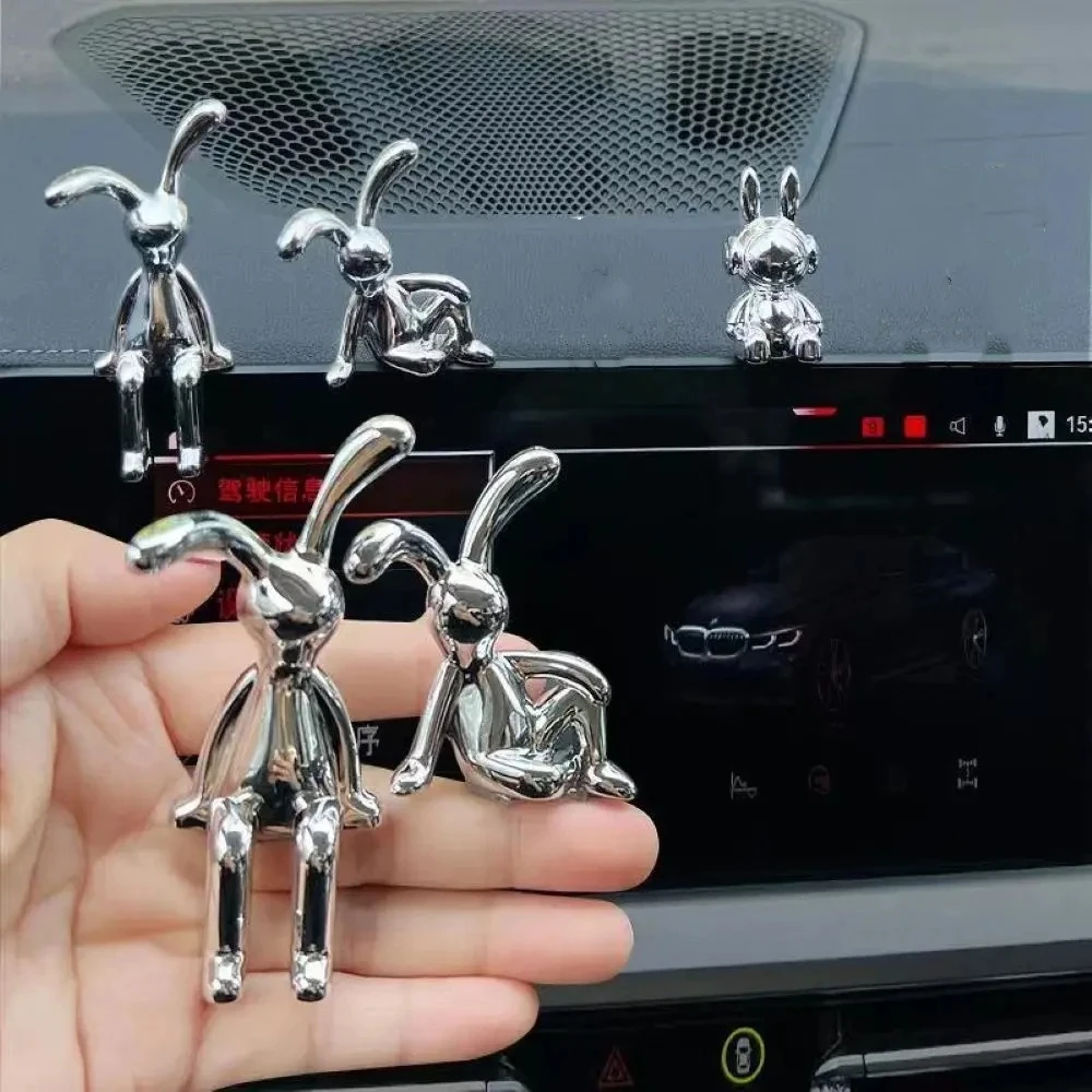 6Pcs Cute Elk Deer Rabbit Decorative Statue Plastic Electroplated 3D Ornament Long Eared Rabbit Handicraft Car Dashboard Toys