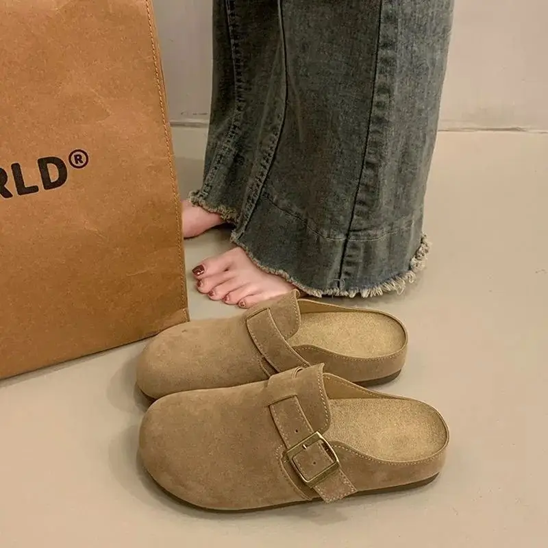 Women Suede Closed Toe Mules Slippers Adjustable Buckle Flat Slip On Clogs Retro Casual Outdoor Backless Shoes