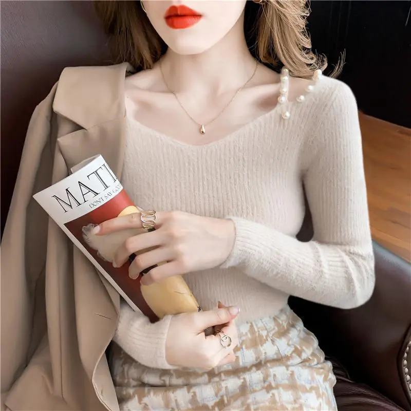 V-neck Sweater Women's Top New Stylish Nail Bead Hollow Out Off Shoulder Knit Sweater Base Shirt