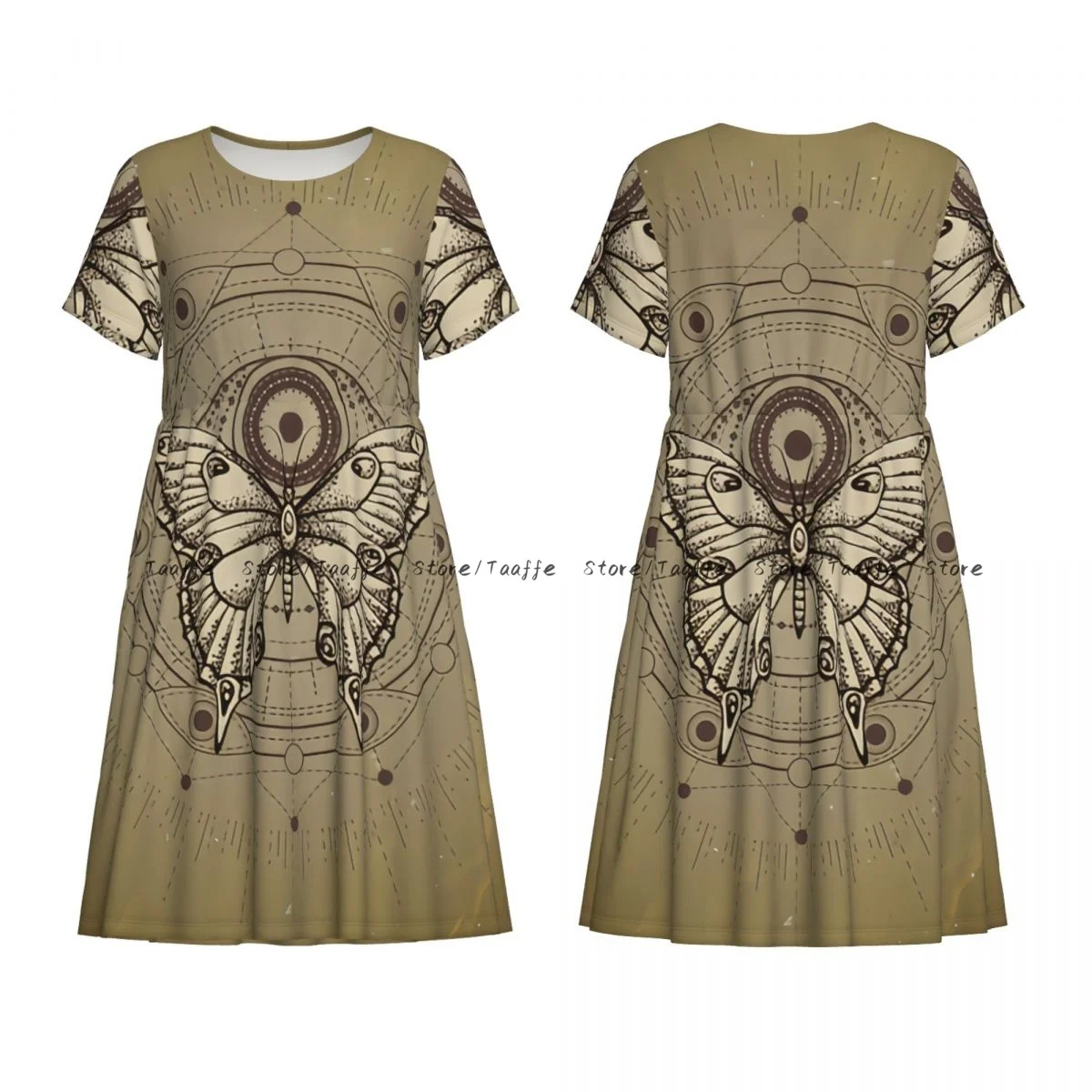 Women Casual Elegant Dress Butterfly Sacred Geometric Symbol Short Sleeves Loose Dresses Weekend Holiday